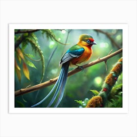 Colorful Bird With Long Tail On A Branch Art Print