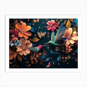 Flowers And Hummingbirds Art Print