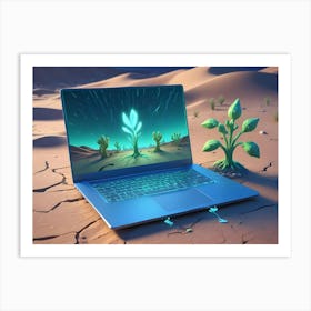 Blue Laptop On A Cracked Desert Ground With A Glowing Green Plant Emerging From It And A Matching Screen Art Print