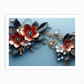 3d Artwork Illustration White and Blue Background with Golden Jewelry and Flowers Art Print