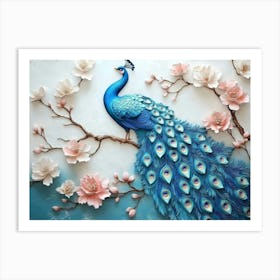 3d Artwork Background Blue Peacock On Branch Art With Flowers 2 Art Print