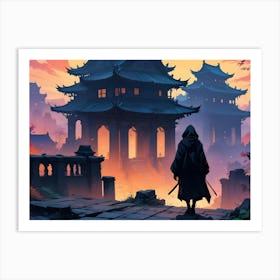 An Illustration Of A Lone Figure In A Hooded Cloak Standing On A Stone Pathway, Gazing Towards A Distant Cityscape Of Ancient Japanese Style Buildings With A Glowing Sunset In The Background Art Print