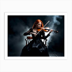 Redhead woman playing on a violin on a black stage 2 Art Print