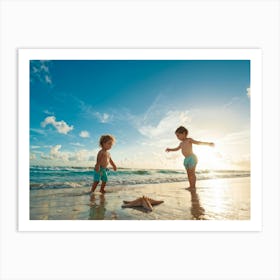 Child Blissful Expression Interacting With A Starfish Beside Wet Sand Turquoise Sea Gently Lappin Art Print