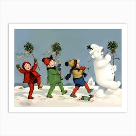 Funny Parade With Kids And Leading Snowman Art Print