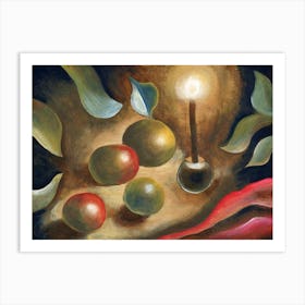 Still Life With Burning Candle - painting hand painted acrylic figurative classical old masters style classic food kitchen living room bedroom light nature Art Print