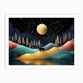 3d Illustration Modern Artwork Night Landscape, Colorful Mountains, Trees, Dark Black Background with Stars Art Print