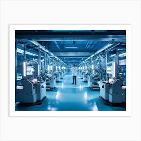 Ai Enhanced Factory Interior Illuminated By Soft Blue Light Robotic Arms Intricately Assembling Com Art Print