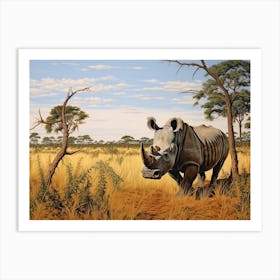 Black Rhinoceros Grazing In The African Savannah Realism 1 Art Print