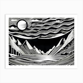 A Linocut Piece Featuring Fragmented And Ghostly Remnants Of Dreamy landscape, 116 Art Print