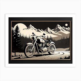 Motorcycle In The Mountains, vintage bike, classic bike, vector art, 1 Art Print