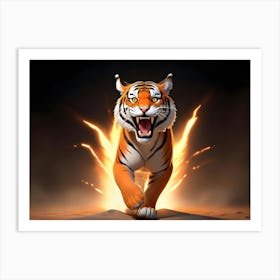 A Tiger With An Aggressive Pose Stands Amidst A Fiery Explosion, Creating A Dramatic And Powerful Image Art Print