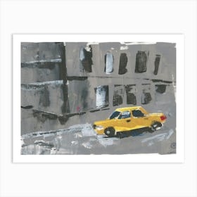 Yellow Taxi In Gray City - car hand painted urban cityscape architecture Art Print