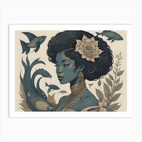 Blue Woman With Fishes Art Print