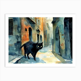 Black Cat In Turin, Italy, Street Art Watercolour Painting 4 Art Print