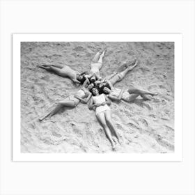 Women Making a Star in the Sand at Beach, Vintage Black and White Old Photo Art Print