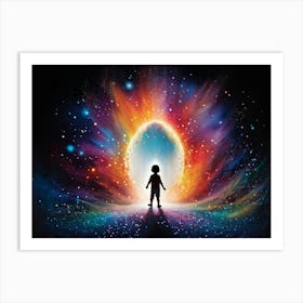 Whimsical Silhouette Of A Child Figure Emerging From A Portal Surrounded By Polychrome Particles An Art Print