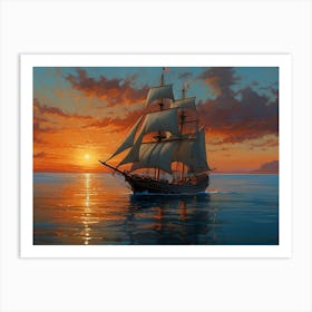 Sailing Ship At Sunset Art Print