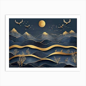 3d Modern Art With Dark Blue And Golden Wave Background Mountains, Golden Deer And Birds 2 Art Print