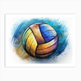 Watercolor Illustration Of A Volleyball With Blue And Yellow Stripes Art Print