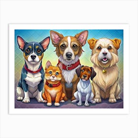 Portrait Of Four Dogs And A Cat Art Print