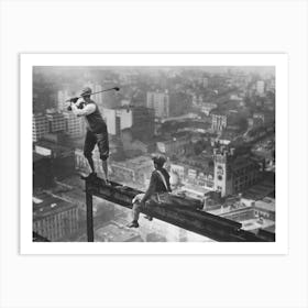 Golfers On Skyscraper Beam, Vintage Black and White, Old Photo Art Print