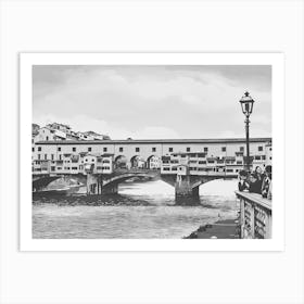 Ponte Vecchio Over the Arno River. A black-and-white depiction of Florence’s iconic Ponte Vecchio bridge, stretching over the Arno River. This historic bridge, adorned with small shops and classic Italian architecture, embodies the timeless beauty of Florence. Art Print