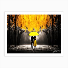 Yellow Umbrella Couple - Two Walking In Golden Autumn Art Print