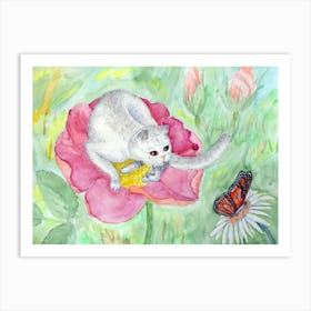 Cats Have Fun The Gray Cat On A Pink Flower Hunts A Butterfly Art Print