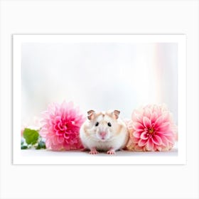 Hamster Nestled Amidst Pink Dahlias Bright Colors Dominating The Composition Set Against A Neutral Art Print