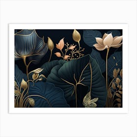 Elegant Deep Blue and Gold Botanical Art Print