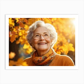 Elderly Woman Radiating Joy Amidst Crisp Autumn Leaves Close Up Orange Yellow Foliage Surrounding (4) Art Print