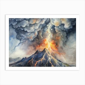 A Close Up Of Lightning Striking A Volcanic Erupti Art Print