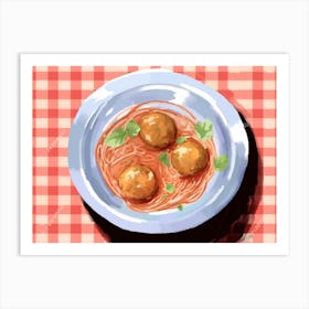 A Plate Of Meatballs Spaguetti, Top View Food Illustration, Landscape 3 Art Print