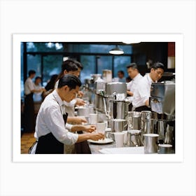 Cafeteria Interior Bustling With Activity Baristas In Checkered Aprons Preparing Espresso Drinks P (2) Art Print