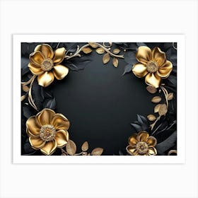 3d Illustration Background with Golden Jewelry and Flowers in Black 1 Art Print