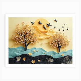 Golden Trees with Flowers and Turquoise, Black Golden and Green Mountains in Light Yellow Art Print