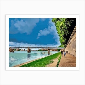 Garonne Riverside Walkway with Bridge in Toulouse. Toulouse, France. The image depicts a serene riverside walkway with a bridge in the background. The sky is partly cloudy, and the water reflects the blue hues of the sky. On the right side, there is a brick wall with greenery above it, and a few people are walking along the path. Art Print