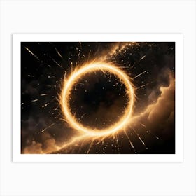 A Glowing, Golden Circle Ring With Sparks Set Against A Dark Background With Clouds 1 Art Print