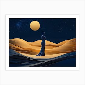 Woman In the Desert. Woman Body Silhouette Standing on Golden Dunes Art Print