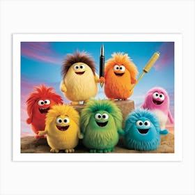 A Cluster Of Amiable Fuzzy Fantastical Beings Each Exhibiting A Distinct Special Talent With A Whi Art Print