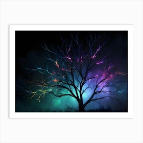 Silhouette Of Tree With Colorful Lights In Fog Art Print