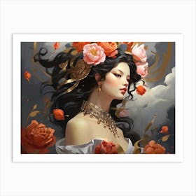 Chinese Woman With Flowers Art Print