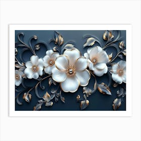 Sophisticated 3d Artwork Design, White And Blue Tones, Golden Jewelry, Floral Motifs 1 Art Print