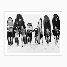 Surfers, Men With Surfboards, Vintage Black and White Old Photo, Vintage Beach Art Art Print