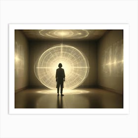 A Woman In Silhouette Stands In A Room Facing A Glowing, Circular Portal With Light Radiating Outwards 1 Art Print