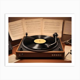 An Image Of A Vintage Record Player With A Record Spinning, Surrounded By Sheet Music, Headphones, And Other Music Related Objects Art Print