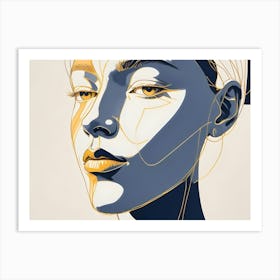 A Stylized Illustration Of A Woman S Face With Clean Lines And A Focus On The Eyes, With Accents Of Gold And Blue Art Print