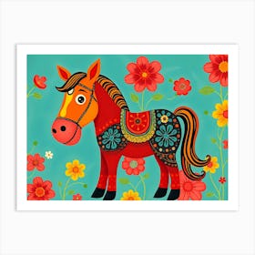 Folk Art Style With Whimsical Horse And Flowers, Painting Art Art Print