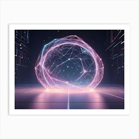 A 3d Illustration Of A Glowing, Pink Sphere Made Of Lines And Dots, Resembling A Digital Network Or A Futuristic Object Art Print